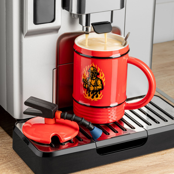 Feuerwehrmann-Becher „Feuerlöscher“ mit Deckel und Löffel (450 ml)