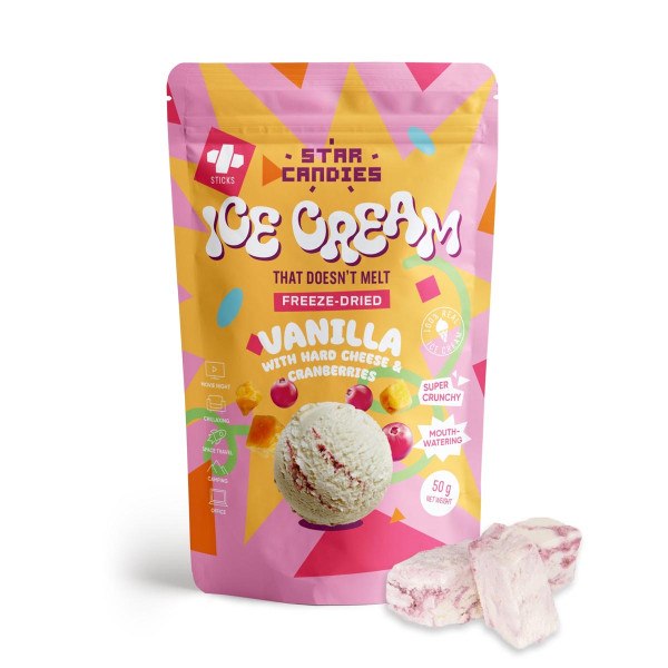 STAR CANDIES Gefriergetrocknetes Vanilleeis mit gereiftem Käse und Preiselbeeren, 50g STAR CANDIES Gefriergetrocknetes Vanilleeis mit gereiftem Käse und Preiselbeeren, 50g