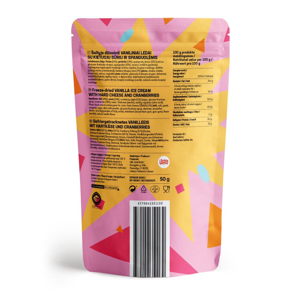 STAR CANDIES Gefriergetrocknetes Vanilleeis mit gereiftem Käse und Preiselbeeren, 50g STAR CANDIES Gefriergetrocknetes Vanilleeis mit gereiftem Käse und Preiselbeeren, 50g