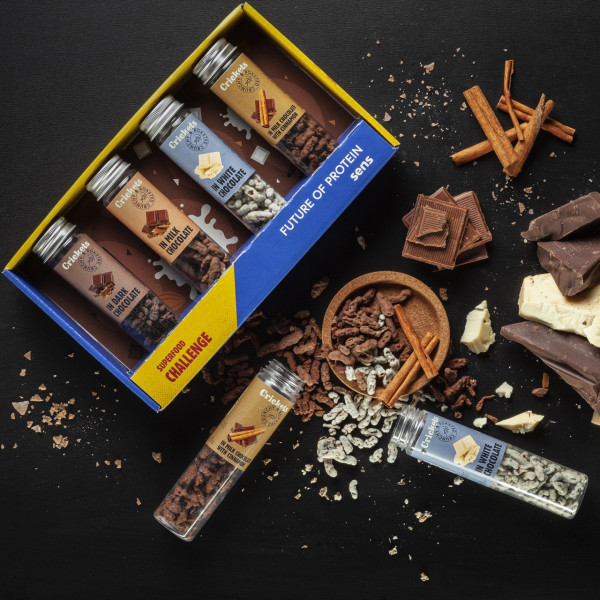 Geschenkset mit knusprig gebratenen Grillen und Schokolade in Geschenkverpackung