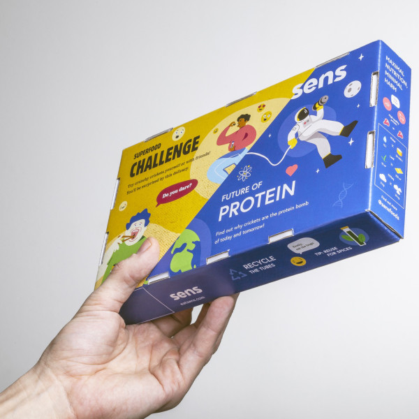 Geschenkset mit knusprig gebratenen Grillen und Schokolade in Geschenkverpackung