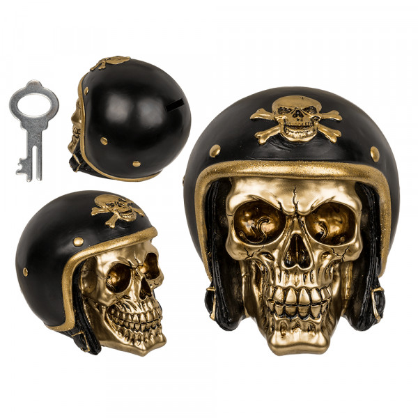Goldfarbenes Totenkopf-Sparschwein mit schwarzem Helm Goldfarbenes Totenkopf-Sparschwein mit schwarzem Helm