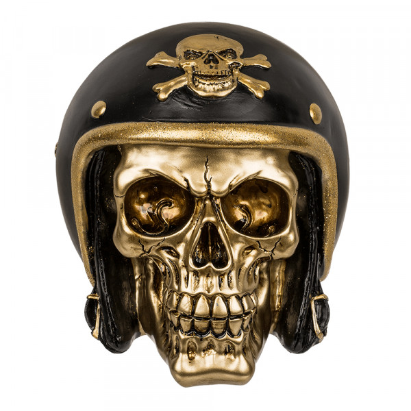 Goldfarbenes Totenkopf-Sparschwein mit schwarzem Helm Goldfarbenes Totenkopf-Sparschwein mit schwarzem Helm