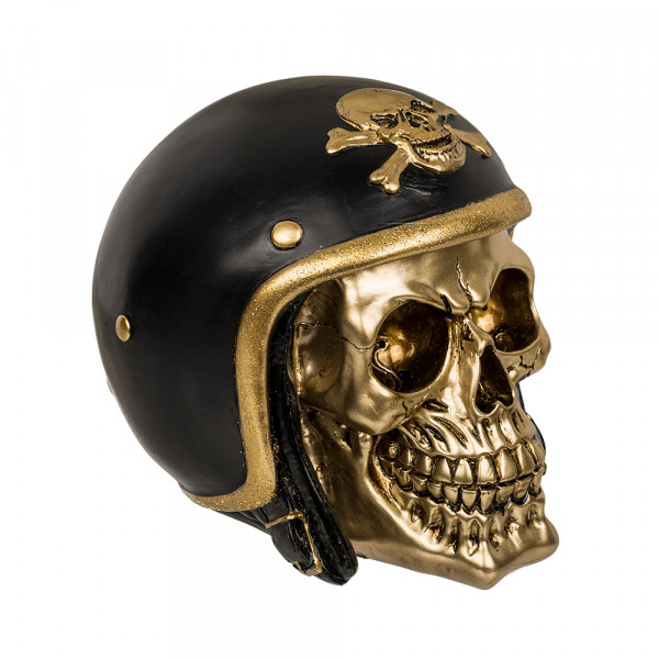Goldfarbenes Totenkopf-Sparschwein mit schwarzem Helm Goldfarbenes Totenkopf-Sparschwein mit schwarzem Helm