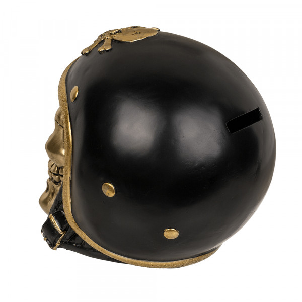 Goldfarbenes Totenkopf-Sparschwein mit schwarzem Helm Goldfarbenes Totenkopf-Sparschwein mit schwarzem Helm