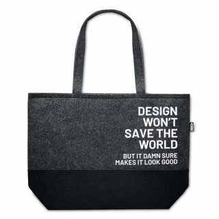 Einkaufstasche aus Ökofilz "Design won't save the world"