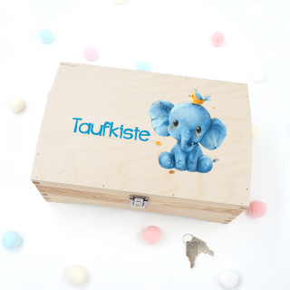 Andenkenbox aus Holz "Taufbox mit kleinem Elefanten"