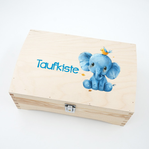 Andenkenbox aus Holz "Taufbox mit kleinem Elefanten"