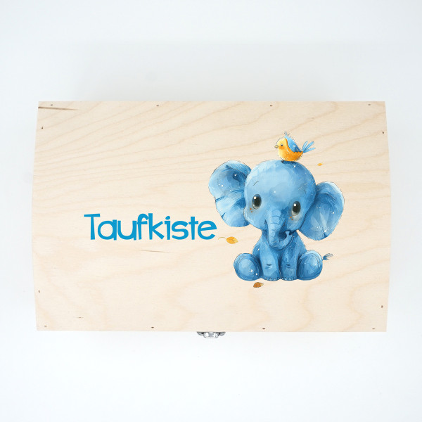 Andenkenbox aus Holz "Taufbox mit kleinem Elefanten"