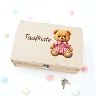 Andenkenbox aus Holz "Taufbox mit Teddybär"