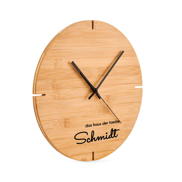 Bambus-Wanduhr "Home" mit ihrem Wunschnamen