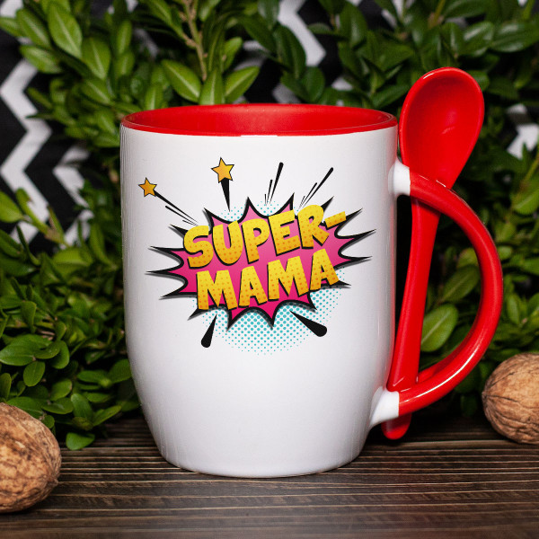 Becher mit Löffel "Super-Mama" Becher mit Löffel "Super-Mama"