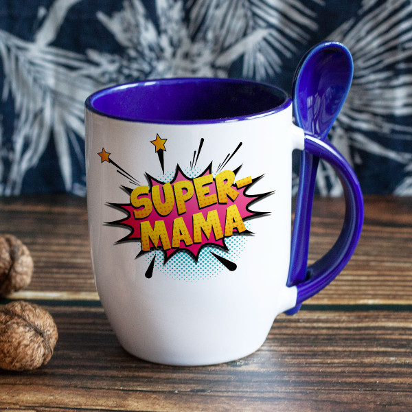Becher mit Löffel "Super-Mama" Becher mit Löffel "Super-Mama"