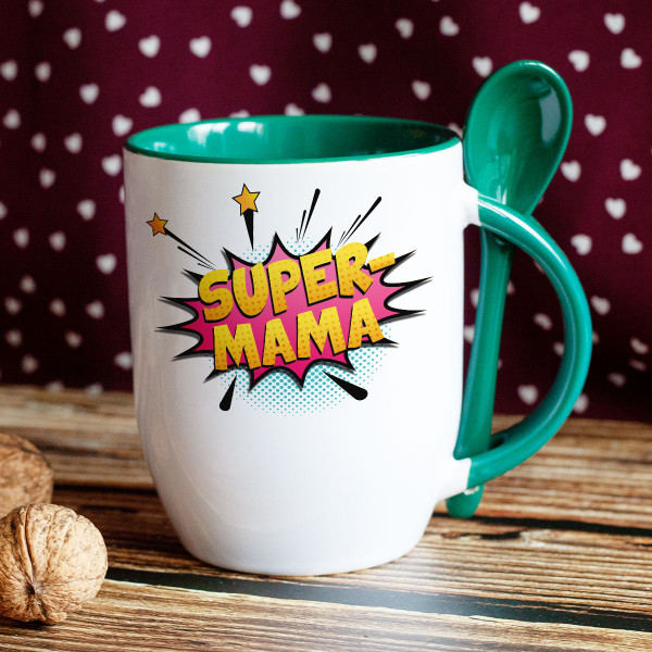 Becher mit Löffel "Super-Mama" Becher mit Löffel "Super-Mama"