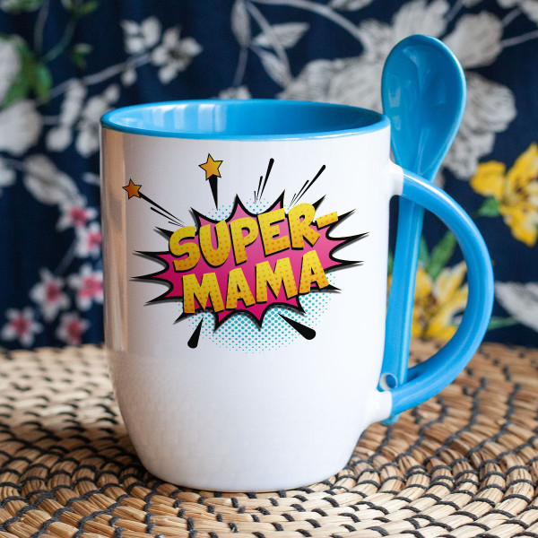 Becher mit Löffel "Super-Mama" Becher mit Löffel "Super-Mama"