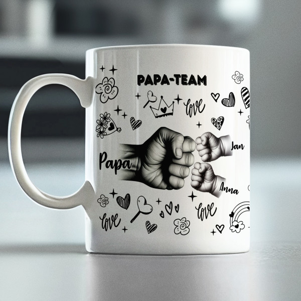 Becher "Papa-Team" mit Namen der Kinder