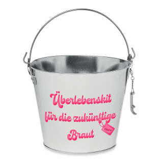 Eimer "Überlebenskit für die zukünftige Braut" mit Ihrem Wunschnamen