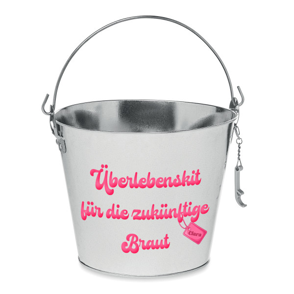 Eimer "Überlebenskit für die zukünftige Braut" mit Ihrem Wunschnamen