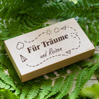 Holz-Spardose "Für Träume und Reisen"