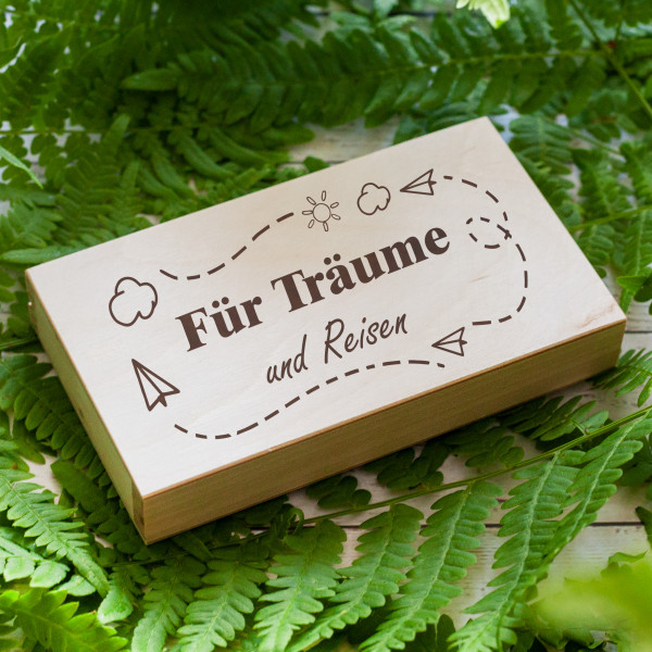 Holz-Spardose "Für Träume und Reisen"