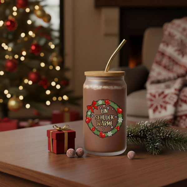 Glas-Trinkgefäß mit Metallstrohhalm "Ein Schluck Wärme", 400ml