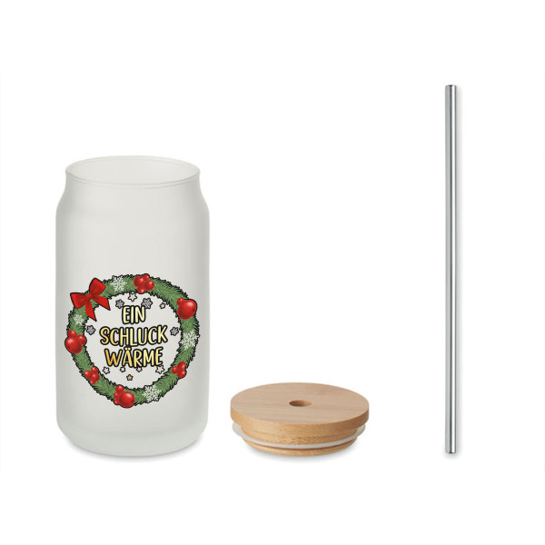 Glas-Trinkgefäß mit Metallstrohhalm "Ein Schluck Wärme", 400ml