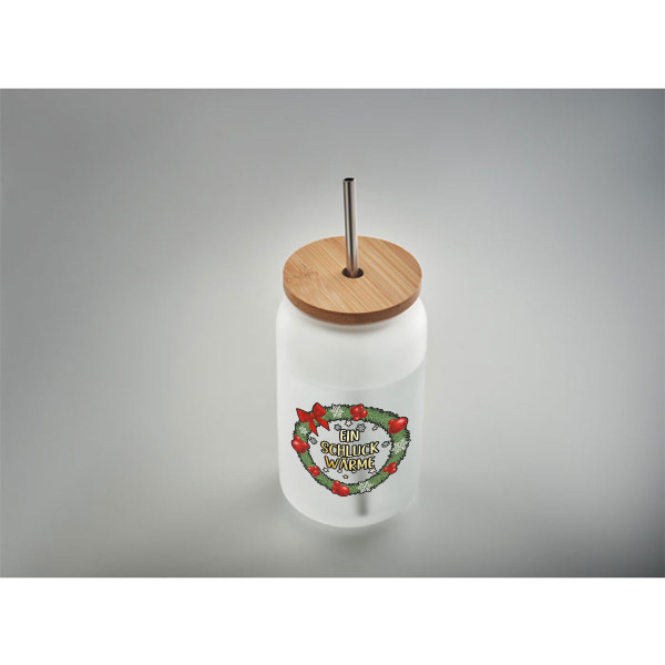 Glas-Trinkgefäß mit Metallstrohhalm "Ein Schluck Wärme", 400ml