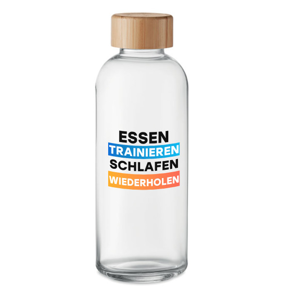Glaswasserflasche "Essen, Trainieren, Schlafen, Wiederholen" (650ml) Glaswasserflasche "Essen, Trainieren, Schlafen, Wiederholen" (650ml)