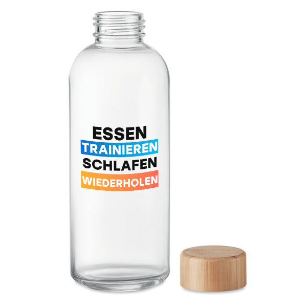 Glaswasserflasche "Essen, Trainieren, Schlafen, Wiederholen" (650ml) Glaswasserflasche "Essen, Trainieren, Schlafen, Wiederholen" (650ml)