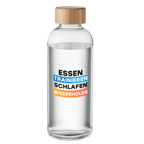 Glaswasserflasche "Essen, Trainieren, Schlafen, Wiederholen" (650ml) Glaswasserflasche "Essen, Trainieren, Schlafen, Wiederholen" (650ml)