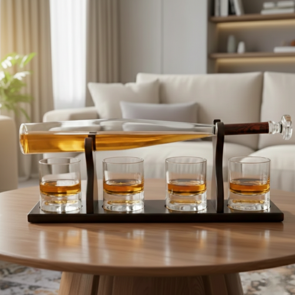 Dekanter-Set mit Ständer und 4 Gläsern "Baseball bat"