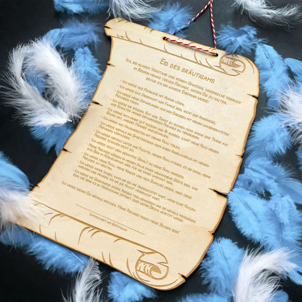 Gravierte Holzplakette "Das Gelübde des Bräutigams"
