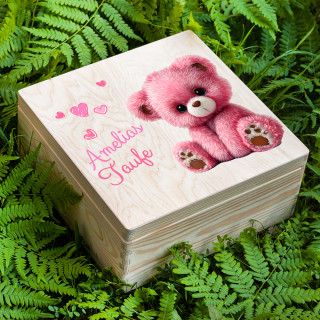 Holzbox "Teddybär-Taufe" mit Wunschnamen (30x30cm)
