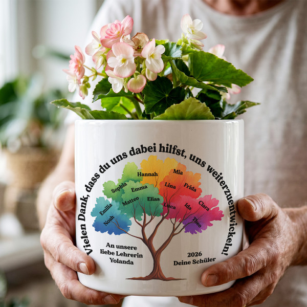 Keramik-Blumentopf "Danke, dass ihr uns beim Wachsen helft" mit den Namen der Kinder