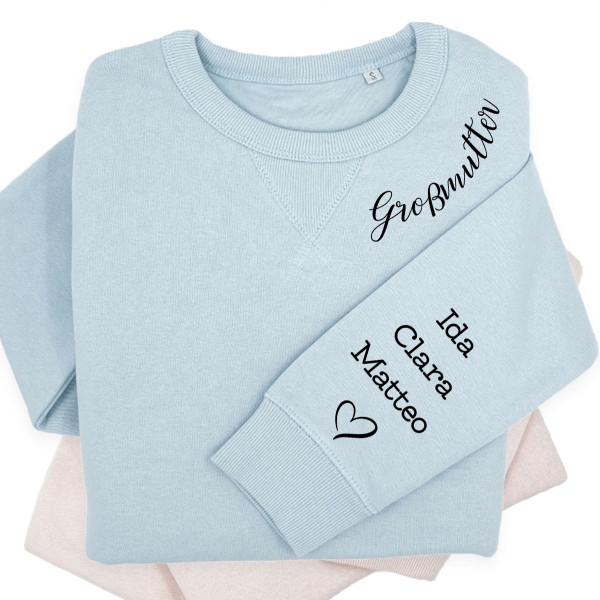 Pastellfarbenes UNISEX Sweatshirt Sully "Großmutter" mit den Namen der Kinder auf dem Ärmel Pastellfarbenes UNISEX Sweatshirt Sully "Großmutter" mit den Namen der Kinder auf dem Ärmel