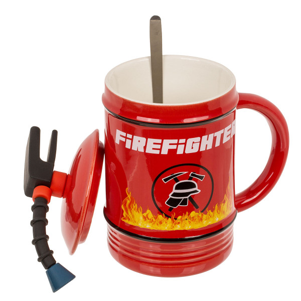 Feuerwehrmann-Becher „Feuerlöscher“ mit Deckel und Löffel (450 ml)