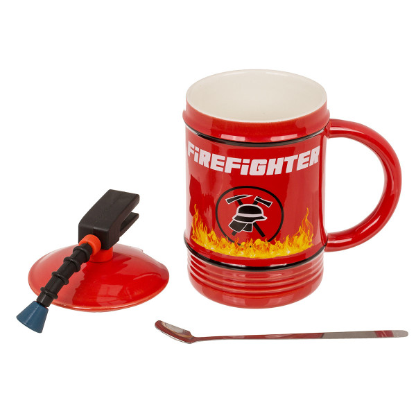 Feuerwehrmann-Becher „Feuerlöscher“ mit Deckel und Löffel (450 ml)
