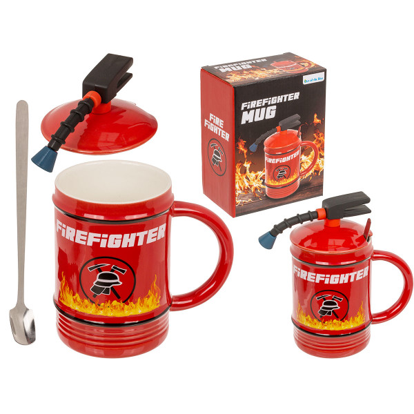 Feuerwehrmann-Becher „Feuerlöscher“ mit Deckel und Löffel (450 ml)