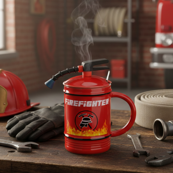 Feuerwehrmann-Becher „Feuerlöscher“ mit Deckel und Löffel (450 ml)