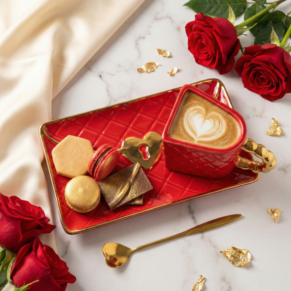 Tasse "Handtasche" mit Untertasse und herzförmigem Löffel