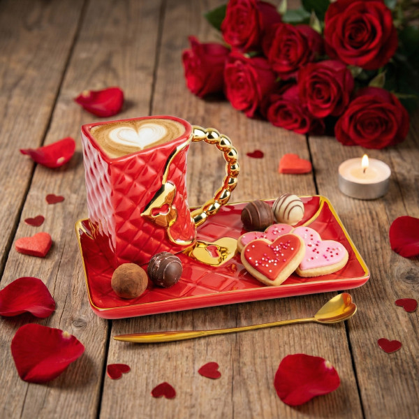 Tasse "Handtasche" mit Untertasse und herzförmigem Löffel