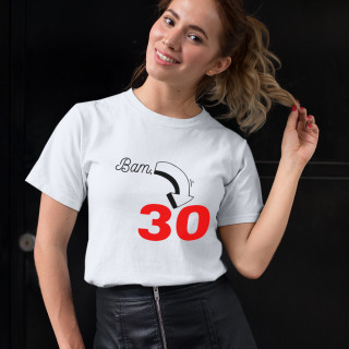 T-Shirt für Frauen „Bam, Geburtstag ist da“ mit dem von Ihnen gewählten Jahr