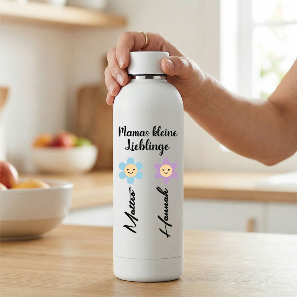 Thermosflasche aus Metall "Mamas kleine Lieblinge" mit Ihrem Wunschnamen (500ml)