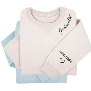UNISEX pastellfarbenes "Sully" Sweatshirt "Taufpatin" mit Kindernamen auf dem Ärmel