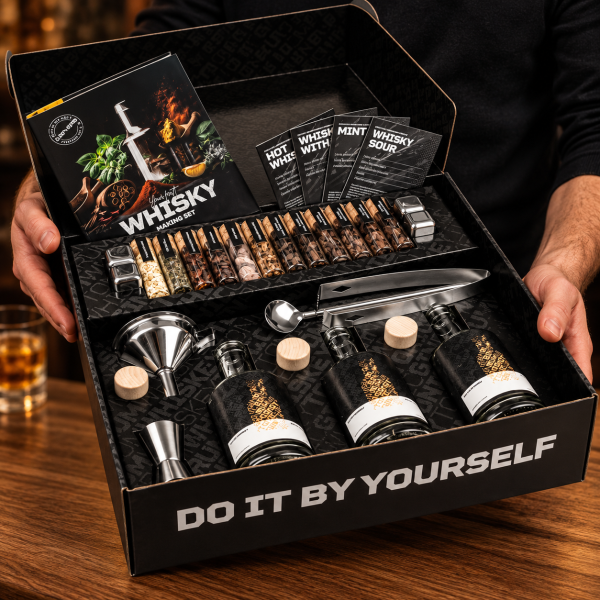 Whisky-Herstellungsset mit Gewürzen und Cocktailzubehör