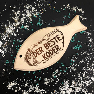 XL-Schneidebrett mit Gravur in Form eines Fisches "Der beste Köder"